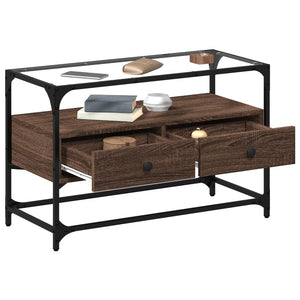 Tv-bänk med glasskiva brun ek 80x35x51 cm konstruerat trä