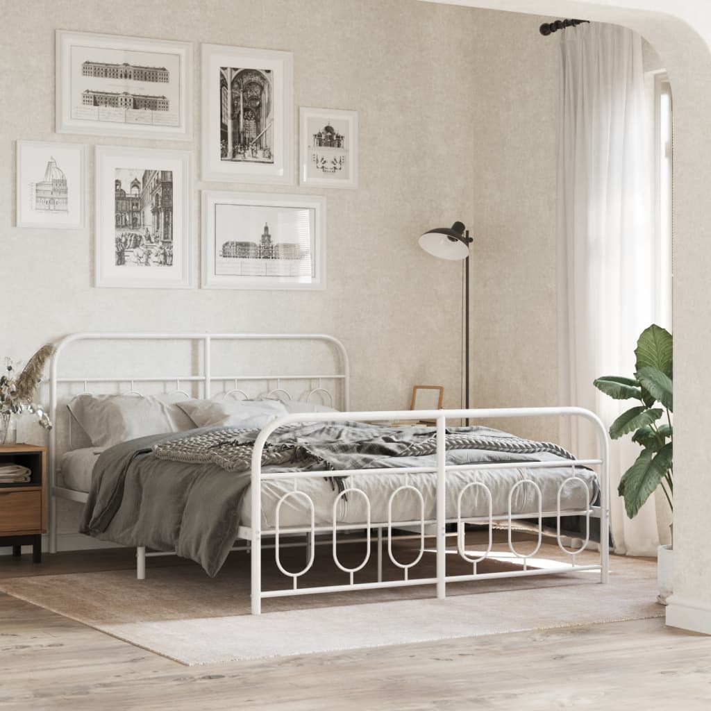 Sängram med huvudgavel och fotgavel vit metall 150x200 cm