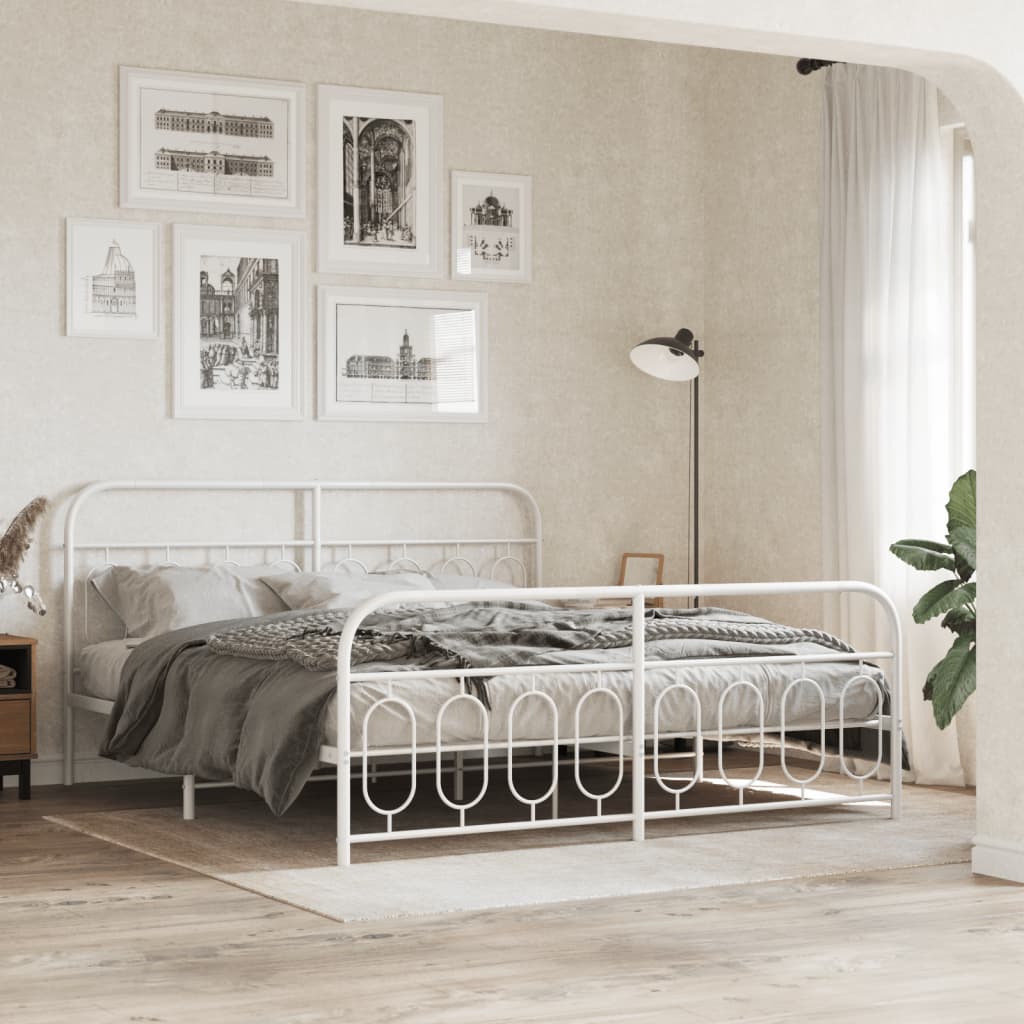 Sängram med huvudgavel och fotgavel vit metall 193x203 cm