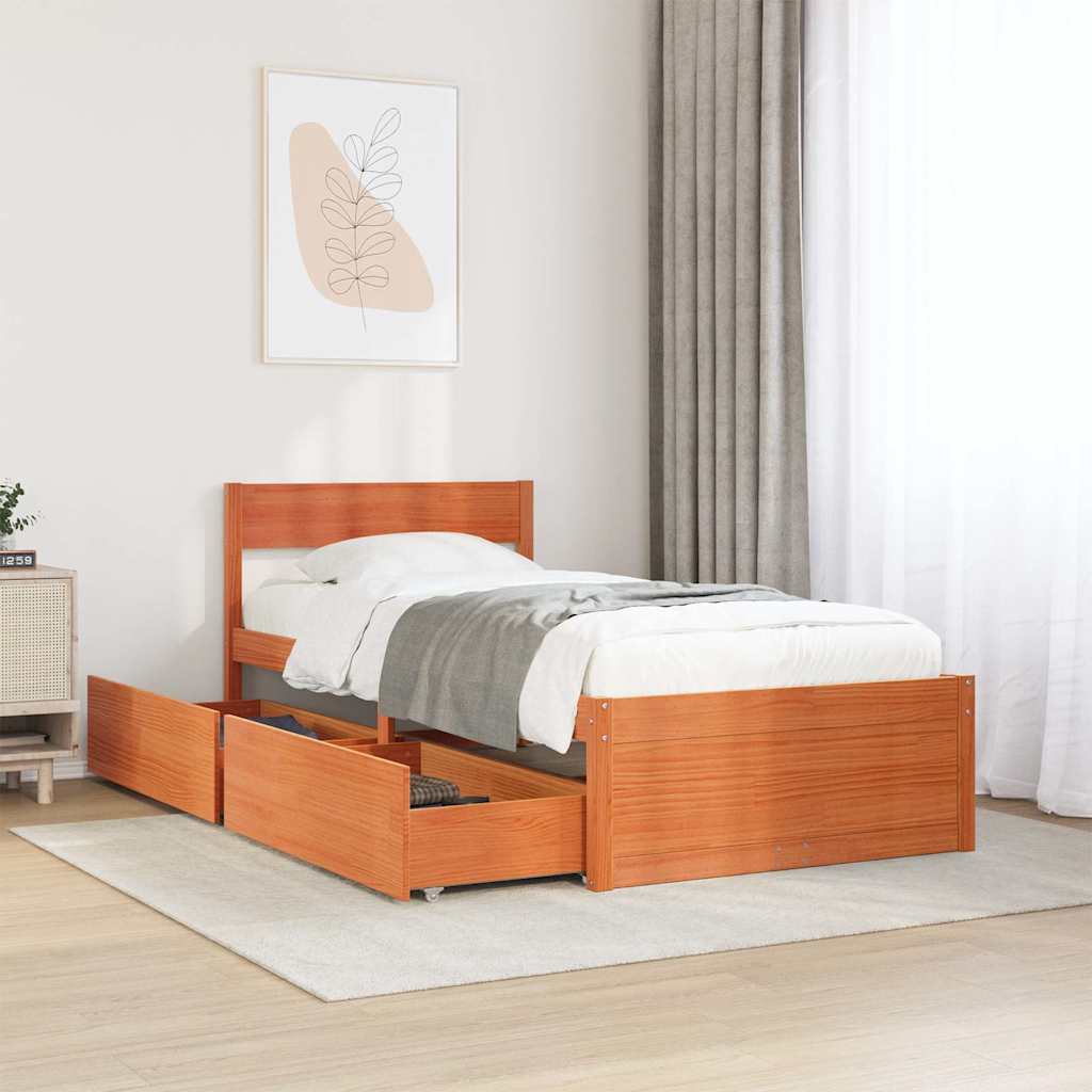 Sängram utan madrass vaxad brun 90x200 cm massiv furu