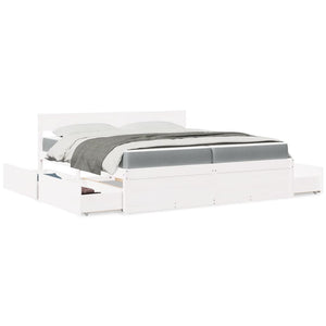 Sängram med lådor och madrass vit 200x200 cm massiv furu