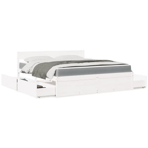 Sängram med lådor och madrass vit 180x200 cm massiv furu