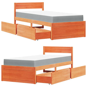 Sängram med lådor och madrass vaxbrun 90x200 cm massiv furu
