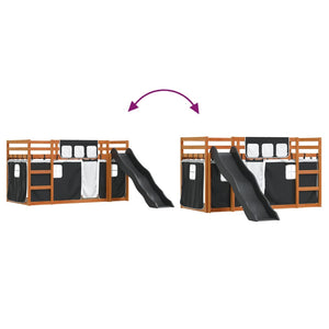 Våningssäng med rutschkana och gardiner vit och svart 90x200 cm