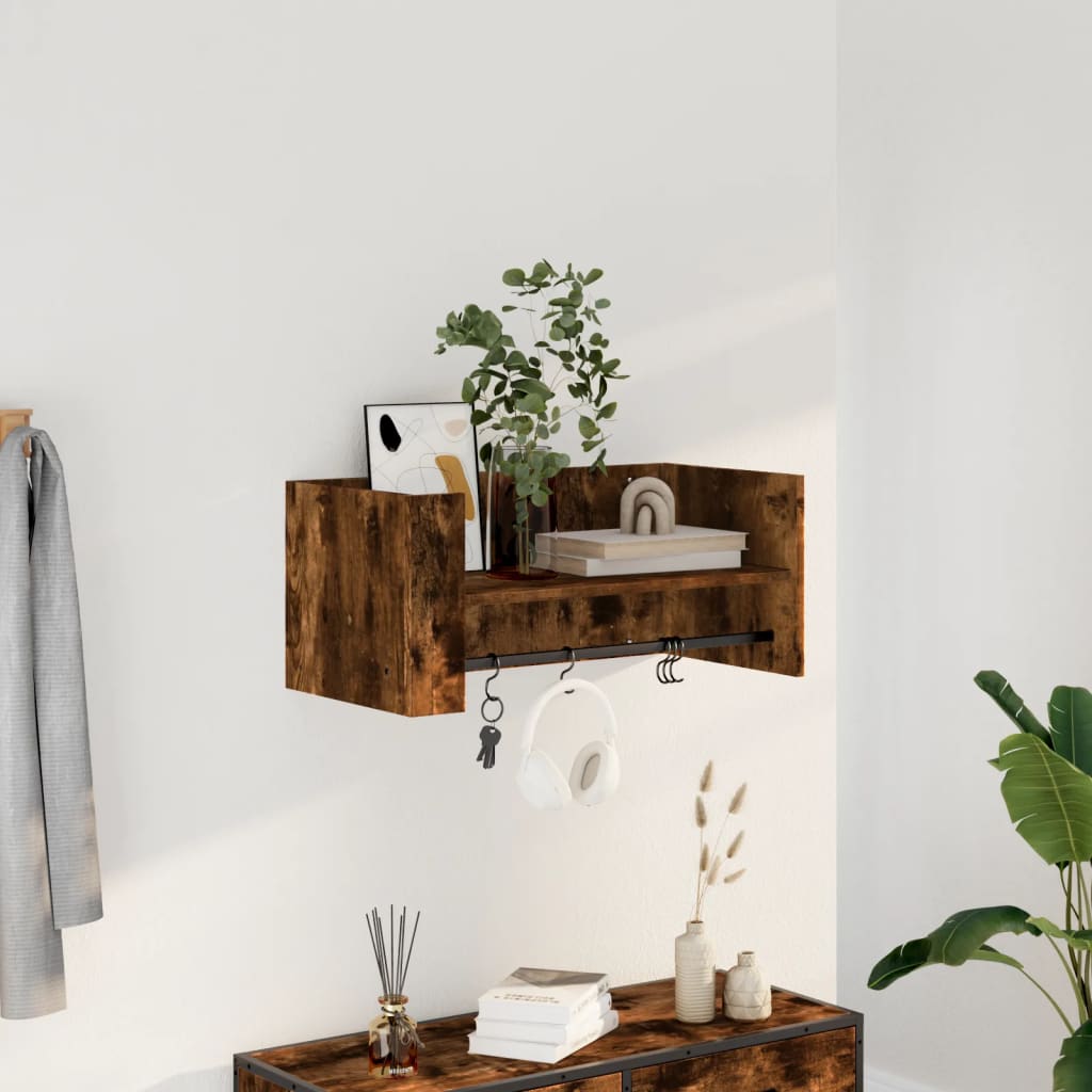 Vägghylla rökfärgad ek 70,5x35x30,5 cm konstruerat trä