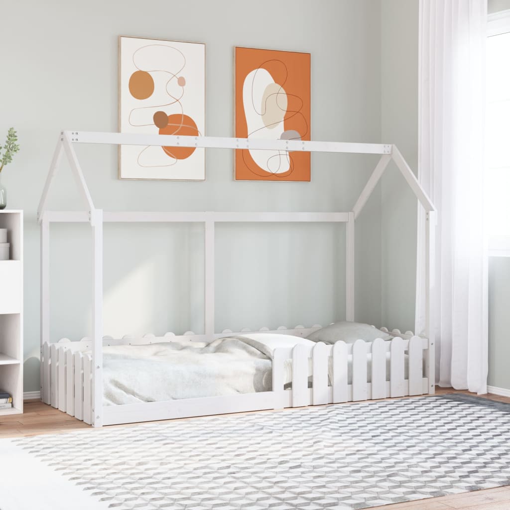 Barnsäng med husram vit 80x200 cm massiv furu