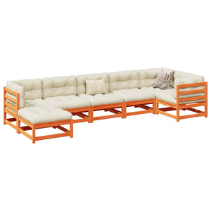 Soffgrupp för trädgården med dynor 7 delar vaxbrun massiv furu