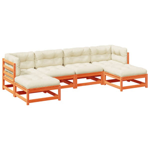 Soffgrupp för trädgården med dynor 6 delar vaxbrun massiv furu