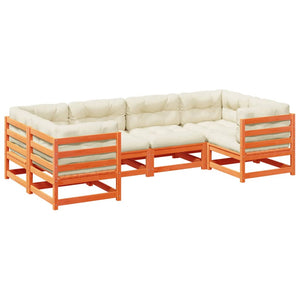 Soffgrupp för trädgården med dynor 6 delar vaxbrun massiv furu