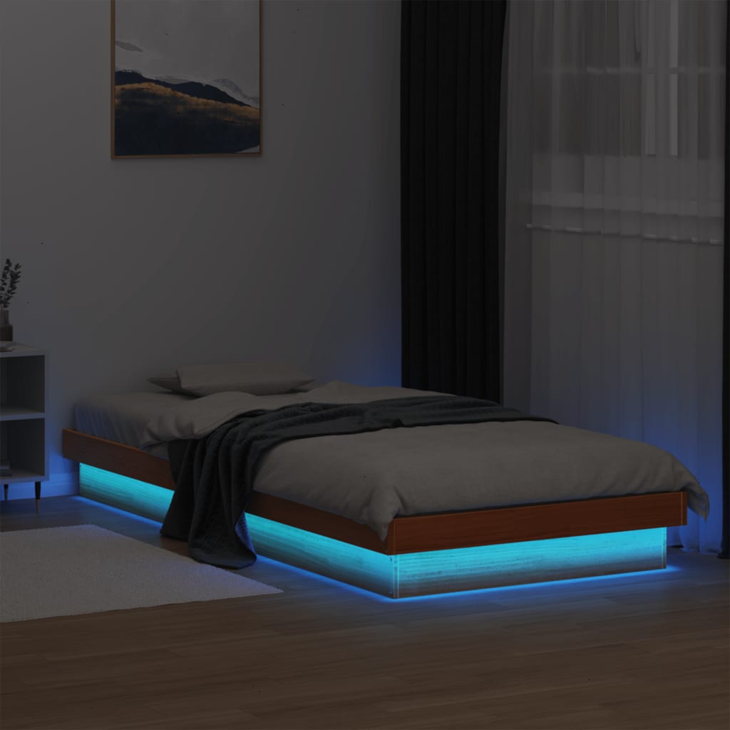 Sängram med LED vaxad brun 75x190 cm massiv furu