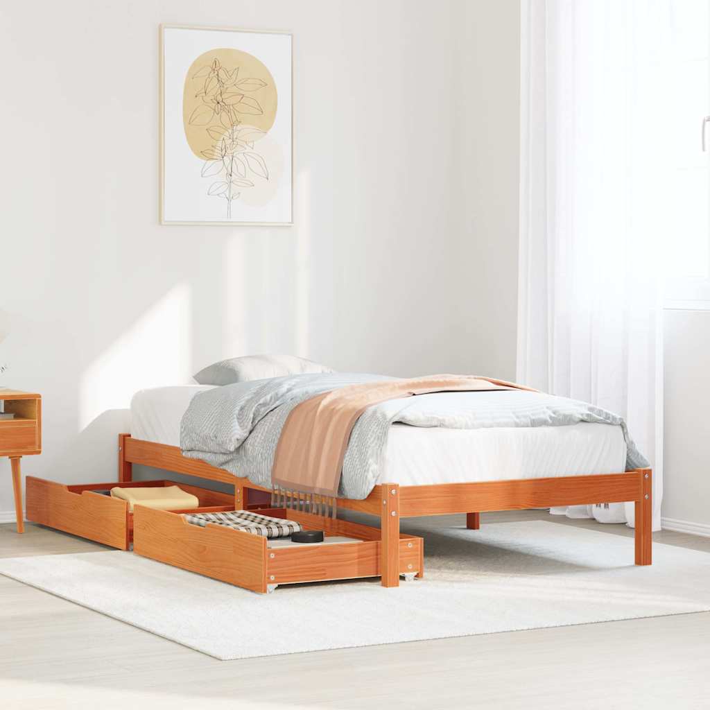 Sängram utan madrass vaxbrun 75x190 cm massiv furu