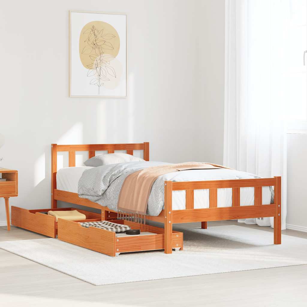 Sängram utan madrass vaxbrun 75x190 cm massiv furu