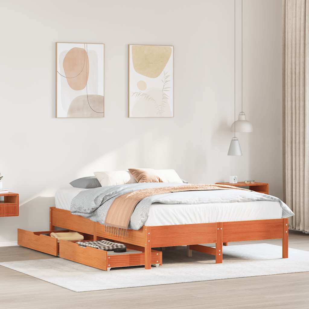 Sängram utan madrass vaxbrun 135x190 cm massiv furu