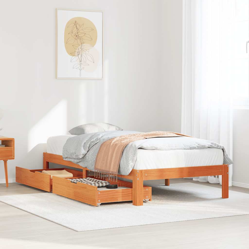 Sängram med lådor vaxad brun 75x190 cm massiv furu