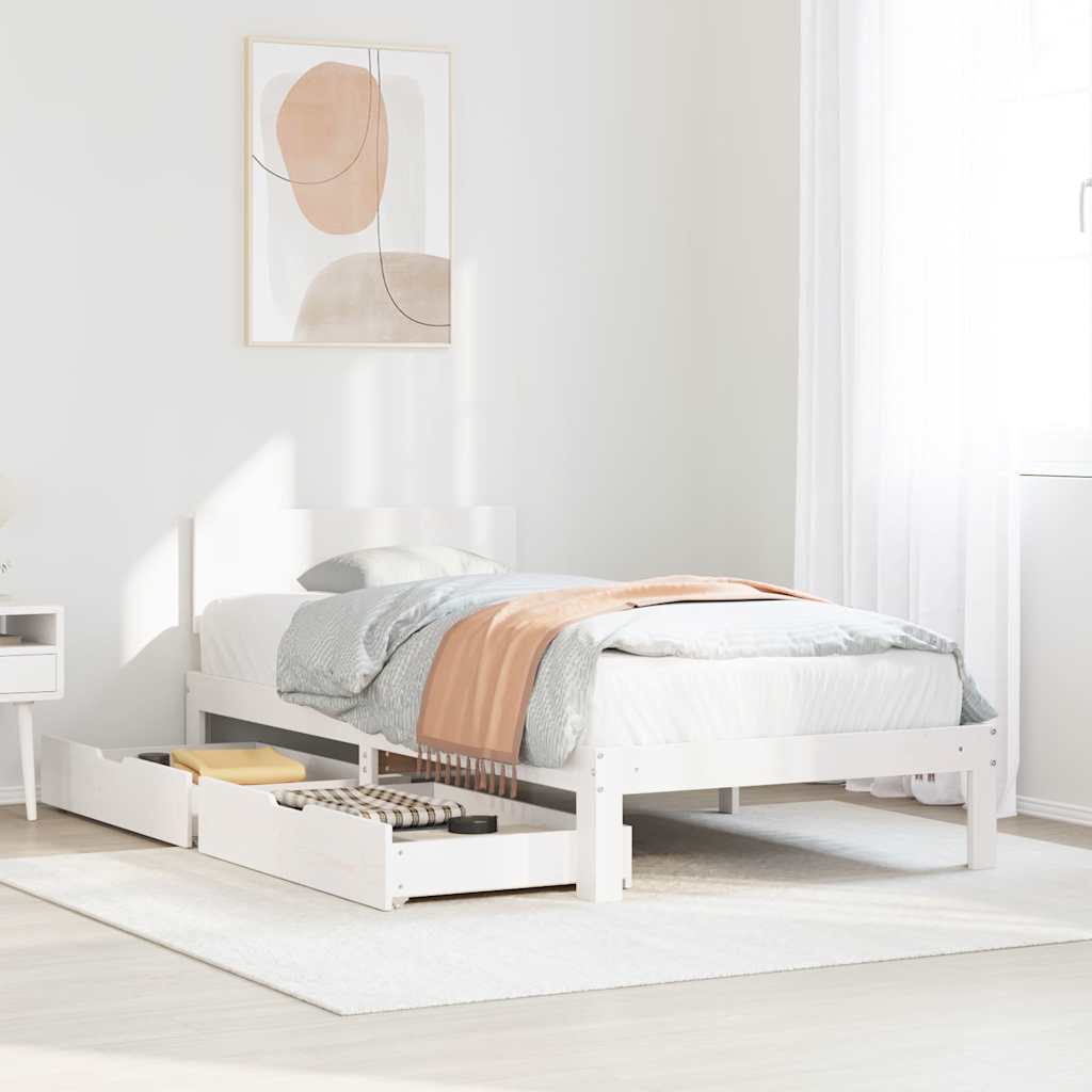 Sängram med lådor vit 100x200 cm massiv furu