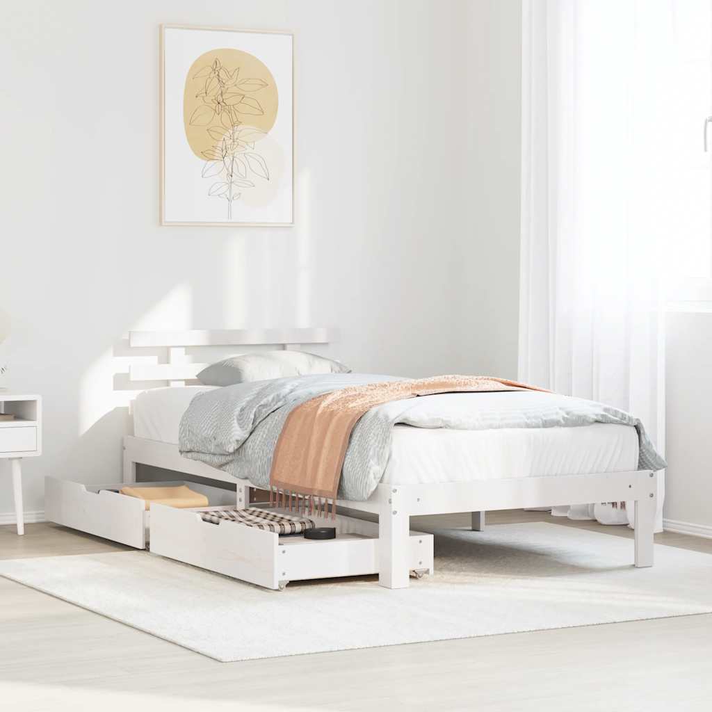 Sängram med lådor vit 90x200 cm massiv furu