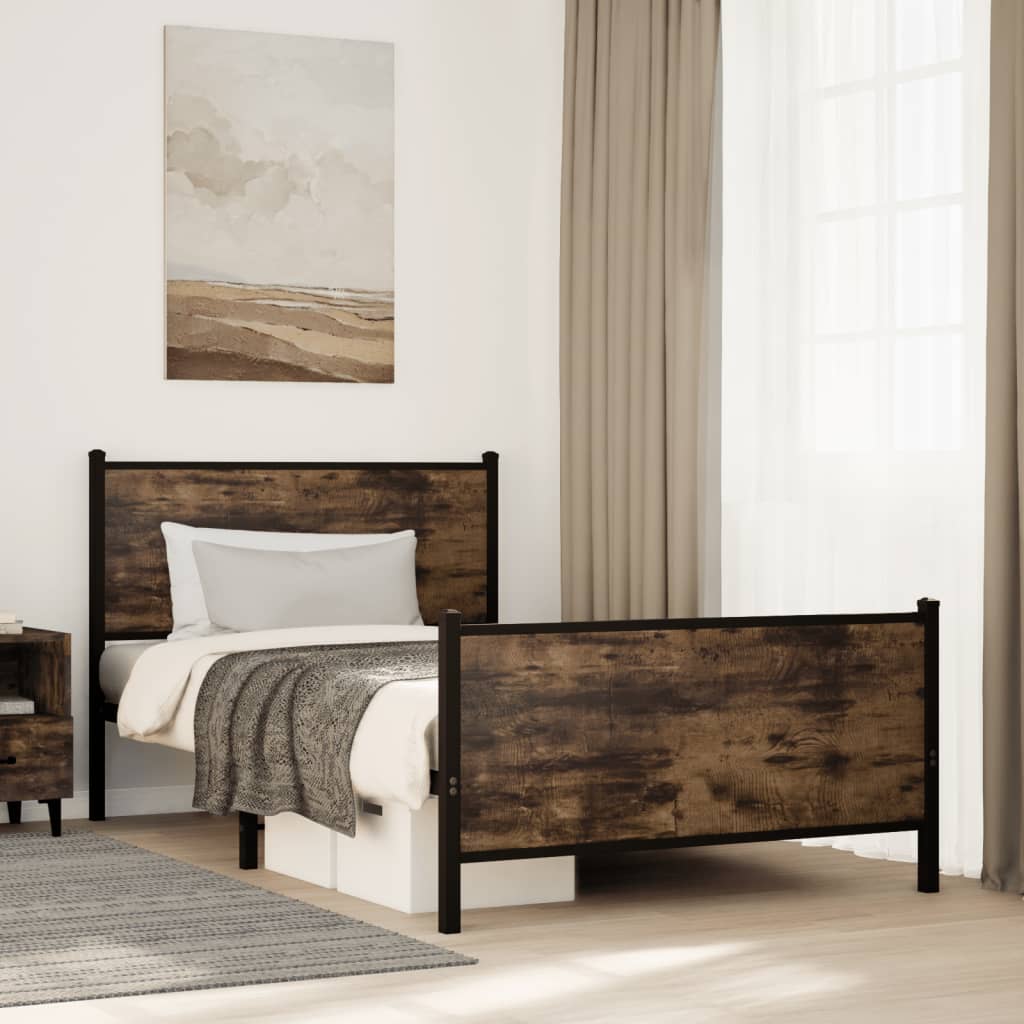 Sängram utan madrass metall rökfärgad ek 107x203 cm