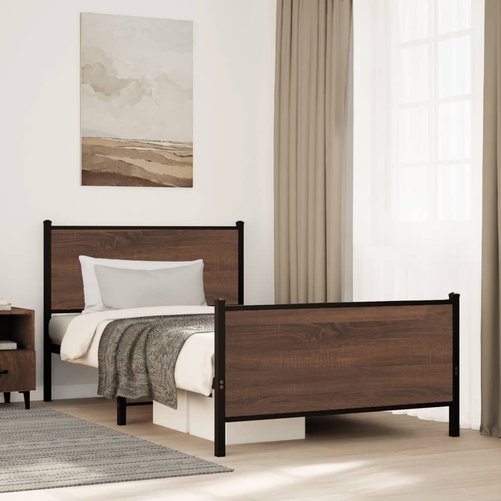 Sängram utan madrass metall brun ek 107x203 cm