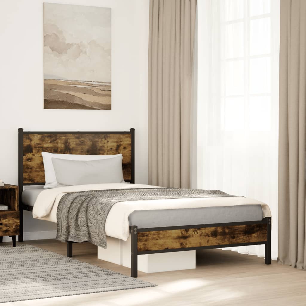 Sängram utan madrass metall rökfärgad ek 107x203 cm