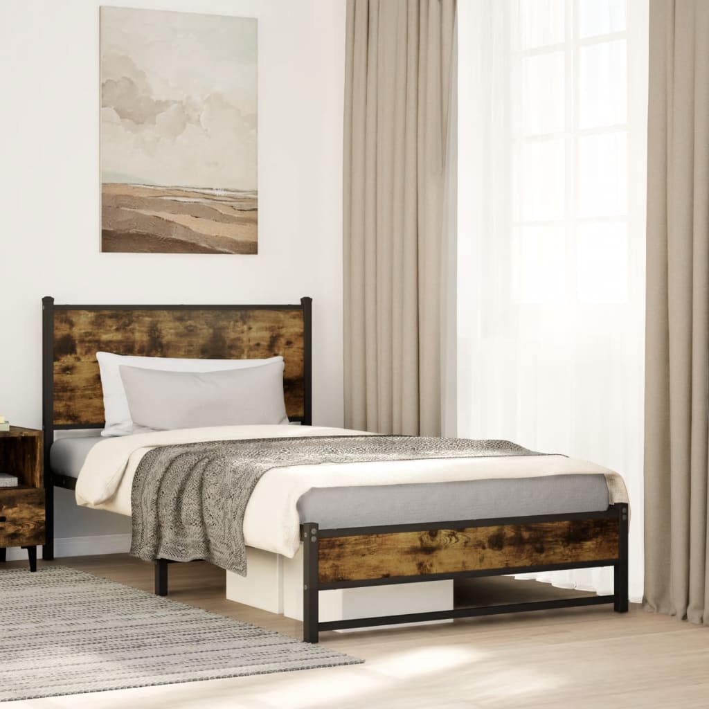 Sängram utan madrass metall rökfärgad ek 107x203 cm