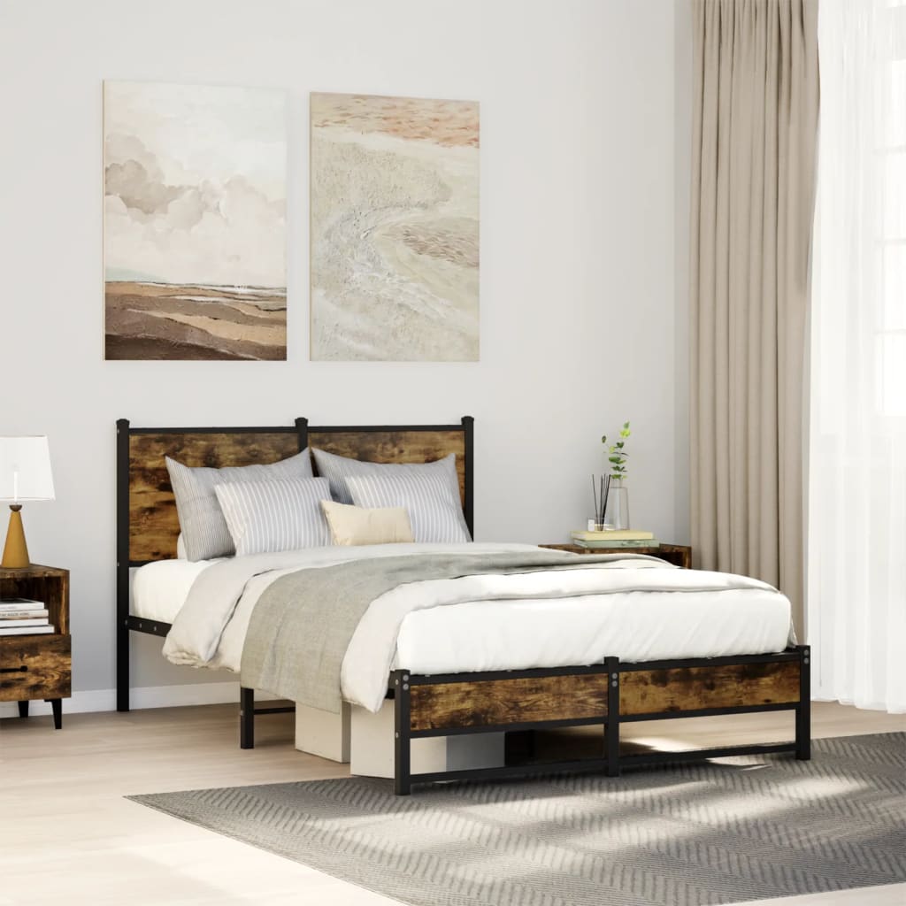 Sängram utan madrass metall rökfärgad ek 120x190 cm