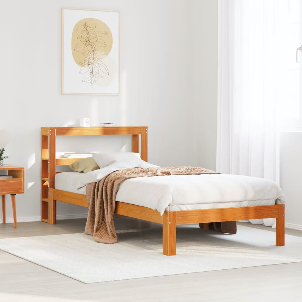 Sängram utan madrass vaxbrun 75x190 cm massiv furu