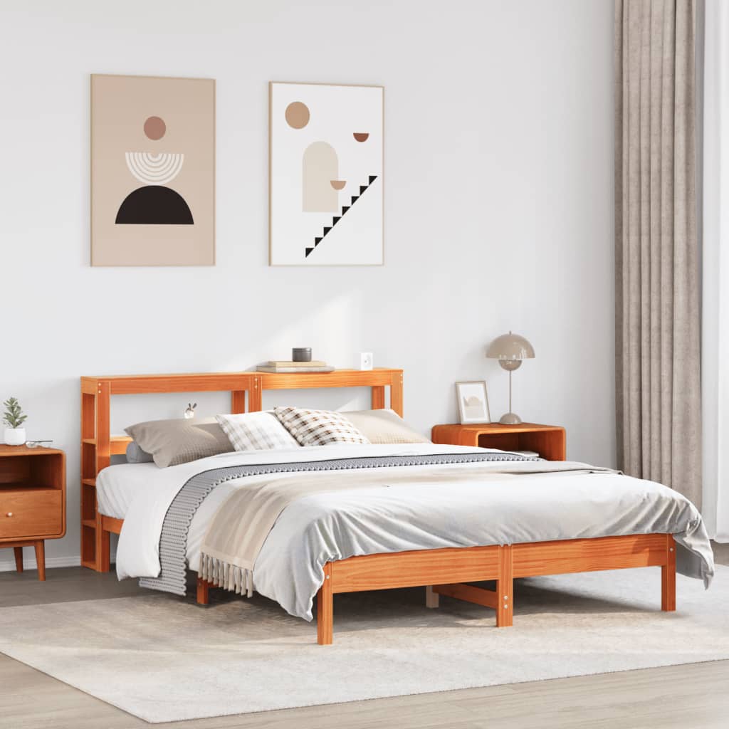 Sängram utan madrass vaxbrun 135x190 cm massiv furu