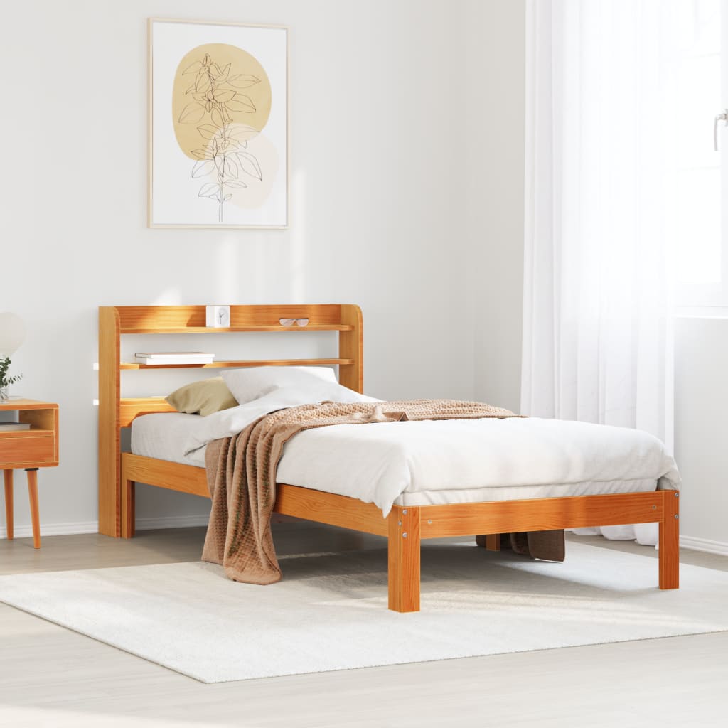 Sängram utan madrass vaxbrun 75x190 cm massiv furu