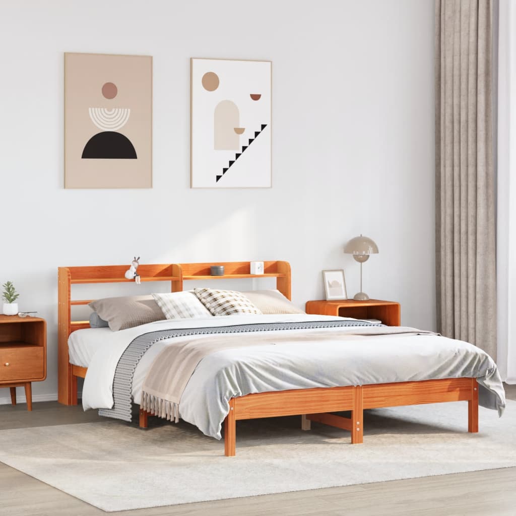Sängram utan madrass vaxbrun 135x190 cm massiv furu