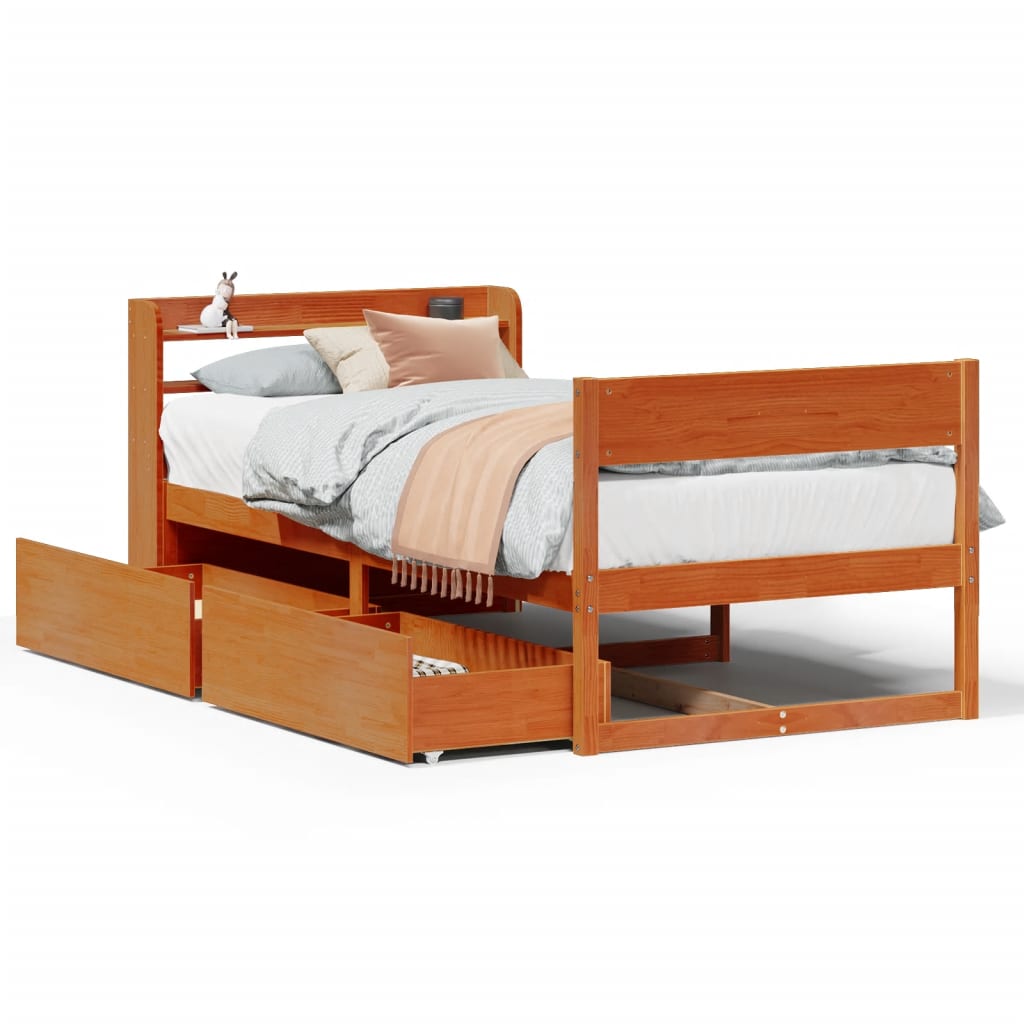 Sängram utan madrass vaxbrun 75x190 cm massiv furu