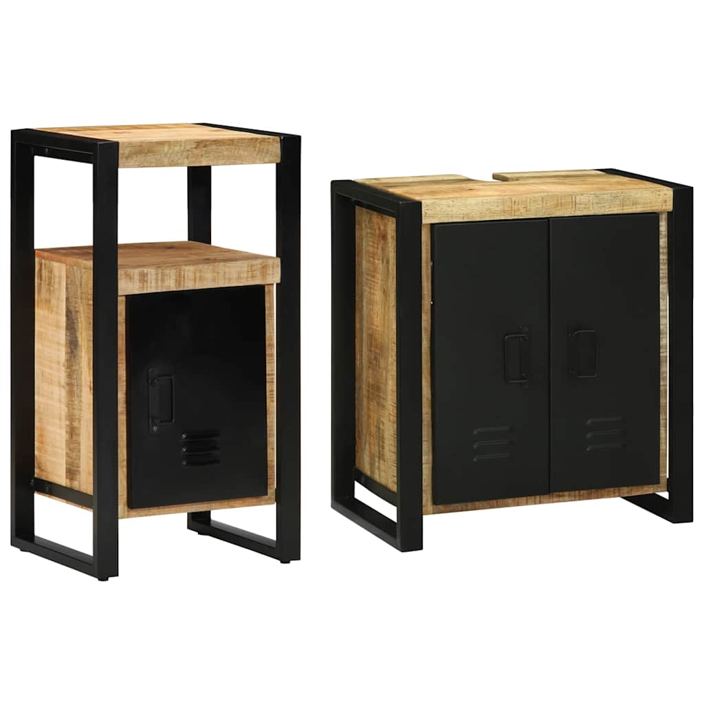 Badrumsmöbelset med låda 2 pcs Brun och svart Massivt mangoträ