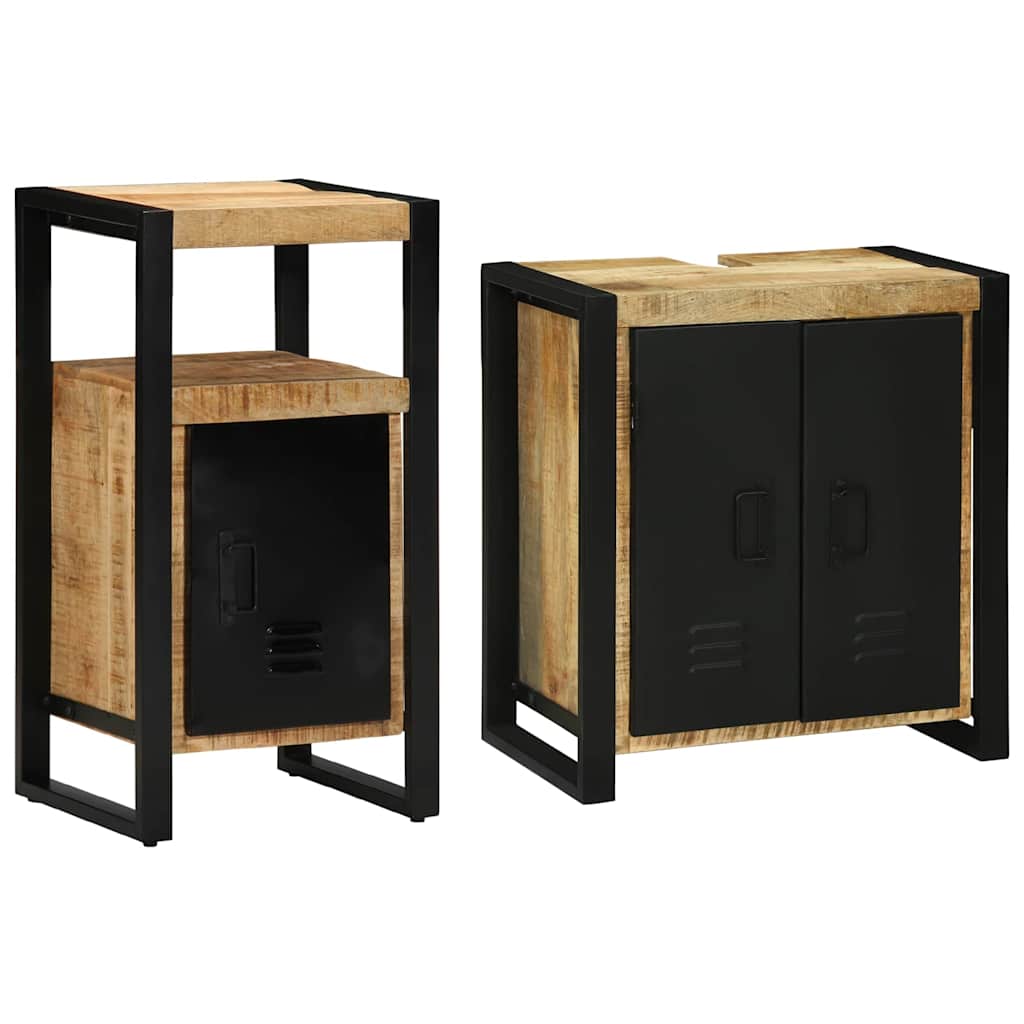 Badrumsmöbelset med låda 2 pcs Brun och svart Massivt mangoträ
