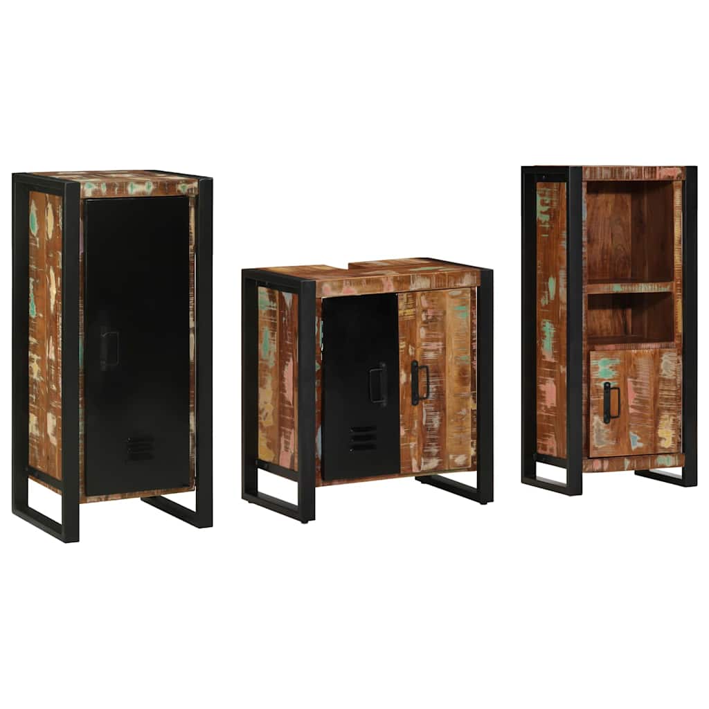 Badrumsmöbelset 3 st Flerfärgad och Svart Solid återvunnen trä