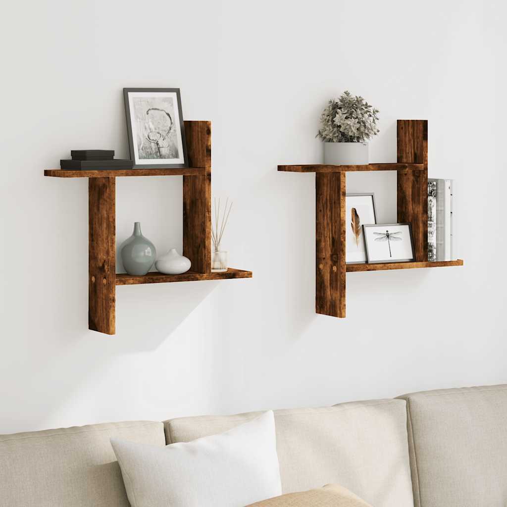 Vägghyllor 2 st rökfärgad ek 50x12x50 cm konstruerat trä