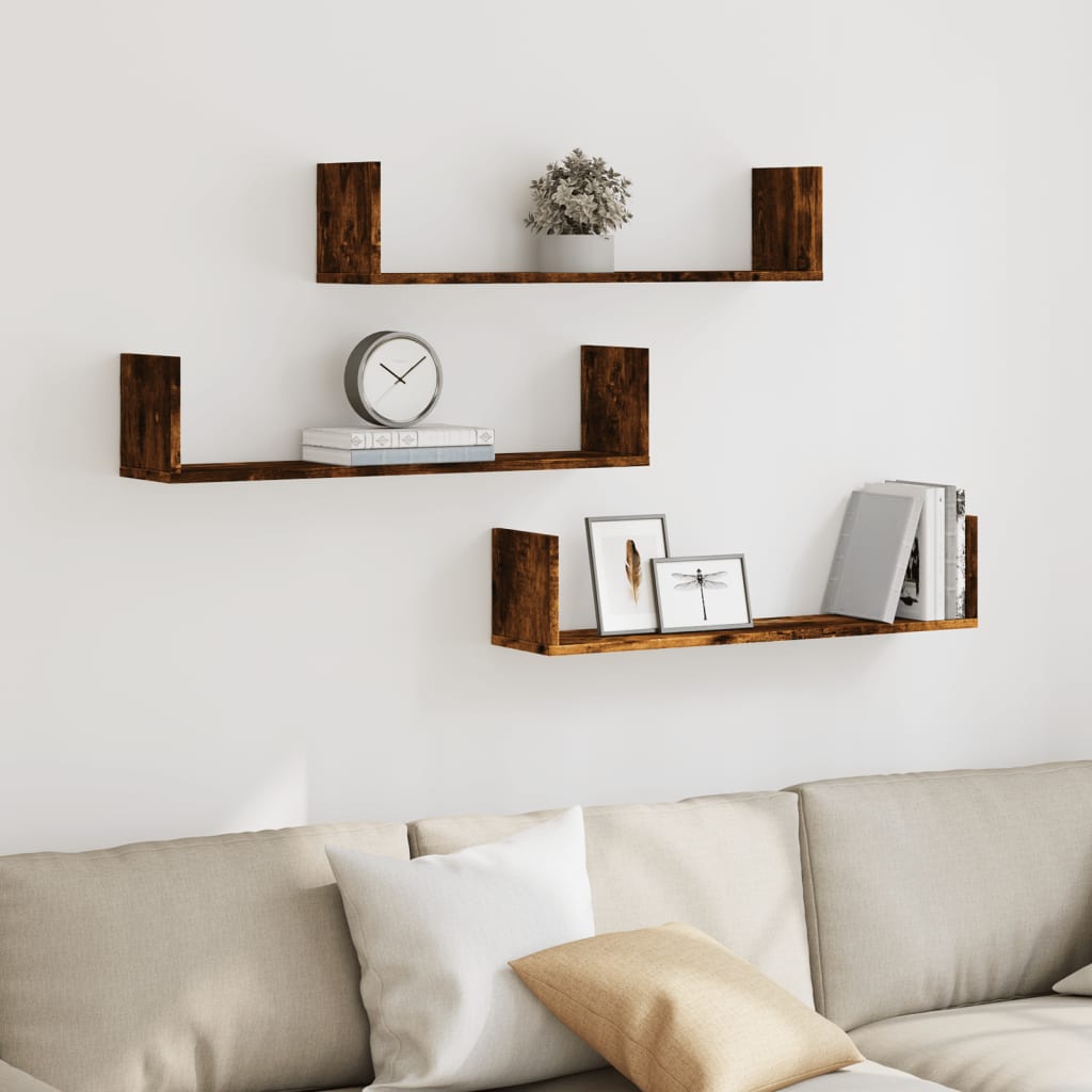 Vägghyllor 3 st rökfärgad ek 80x18x18 cm konstruerat trä