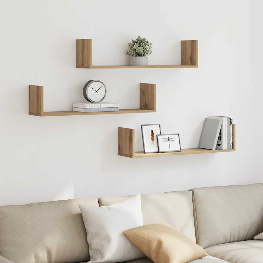 Vägghyllor 3 st ek 80x18x18 cm konstruerat trä