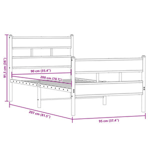 Sängram utan madrass metall rökfärgad ek 90x200 cm