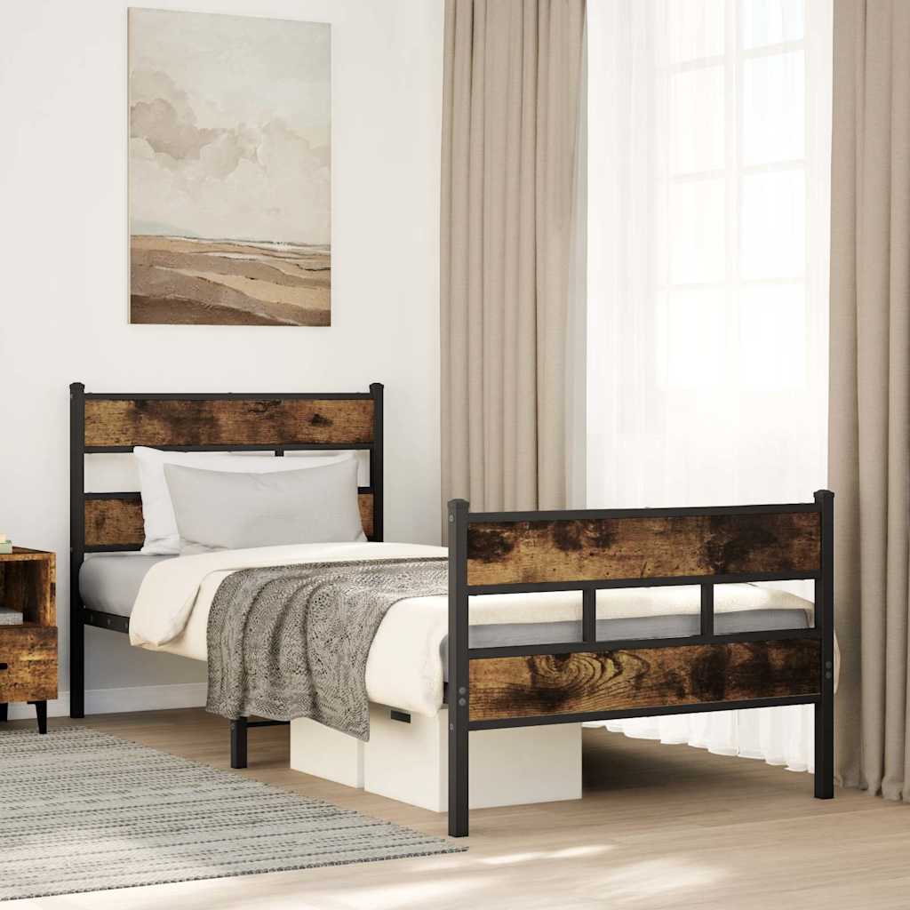 Sängram utan madrass metall rökfärgad ek 107x203 cm