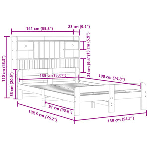 Säng med bokhylla utan madrass vit 135x190cm massiv furu