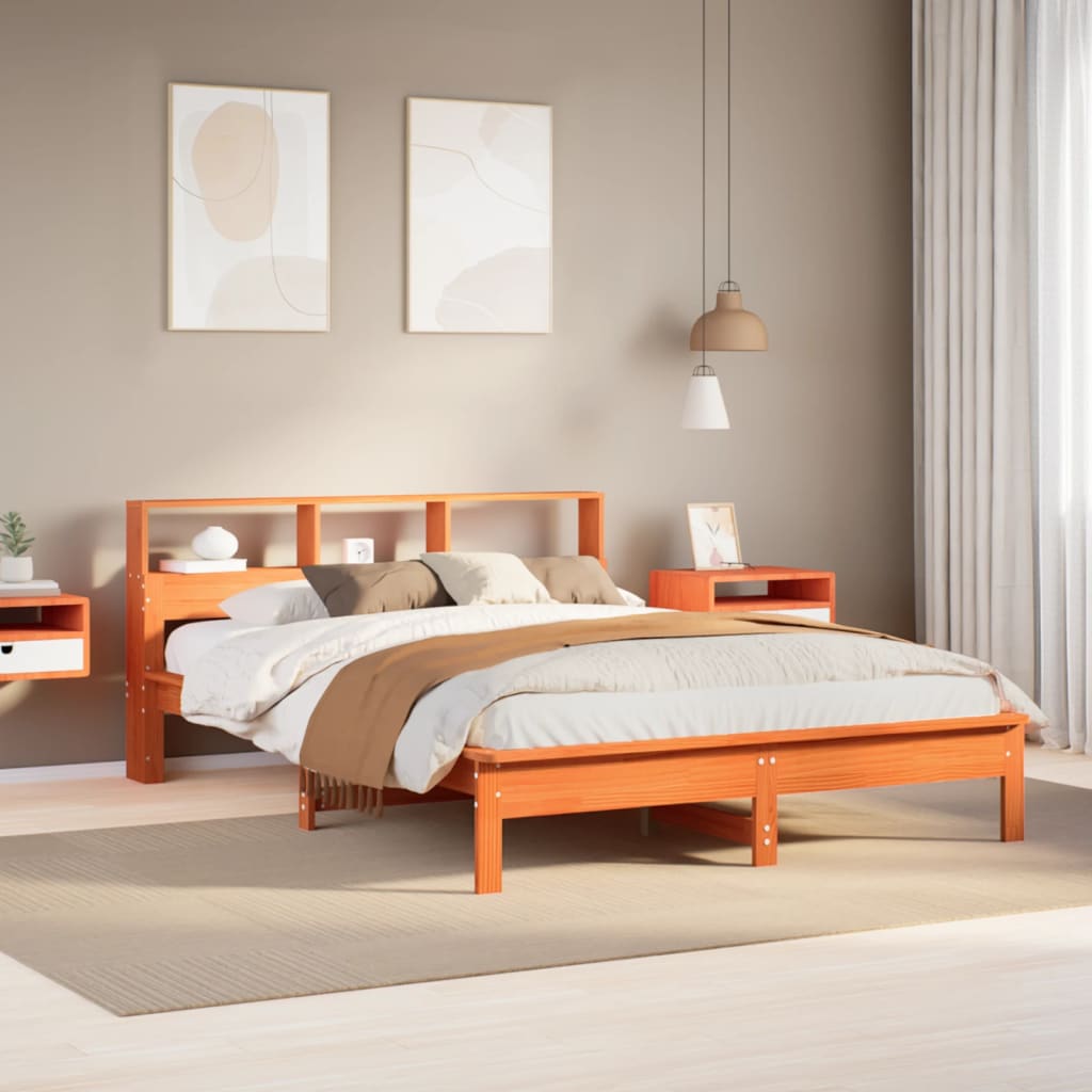 Säng med bokhylla utan madrass vaxbrun 120x190 cm massiv furu