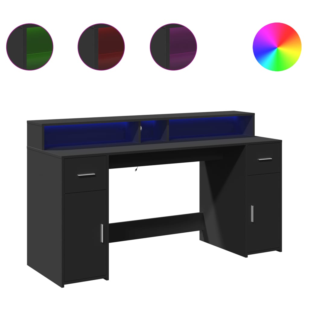Skrivbord med LED svart 160x55x91 cm konstruerat trä
