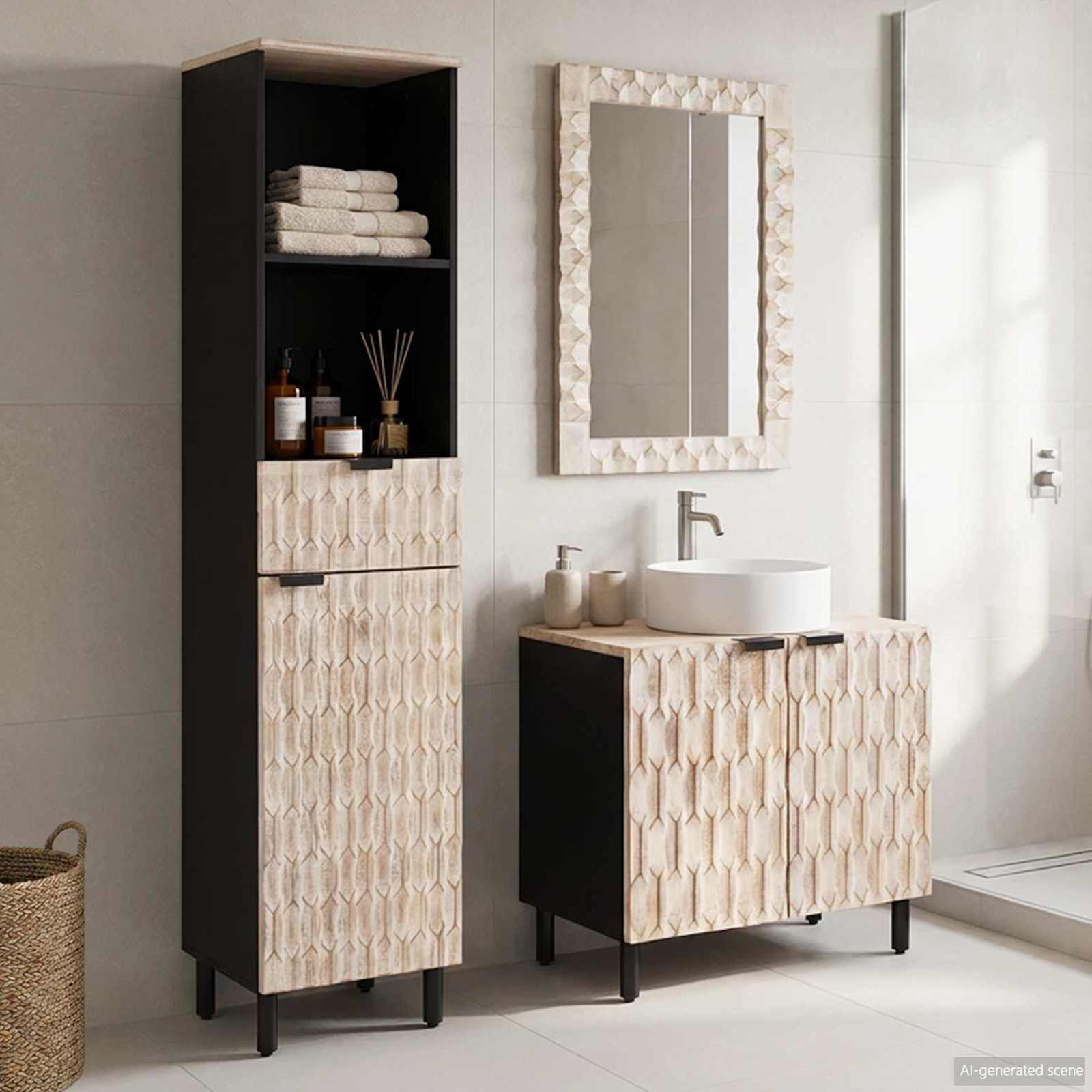 Badrum Set med låda 3 pcs Vit Tvätt Finish Massivt mangoträ