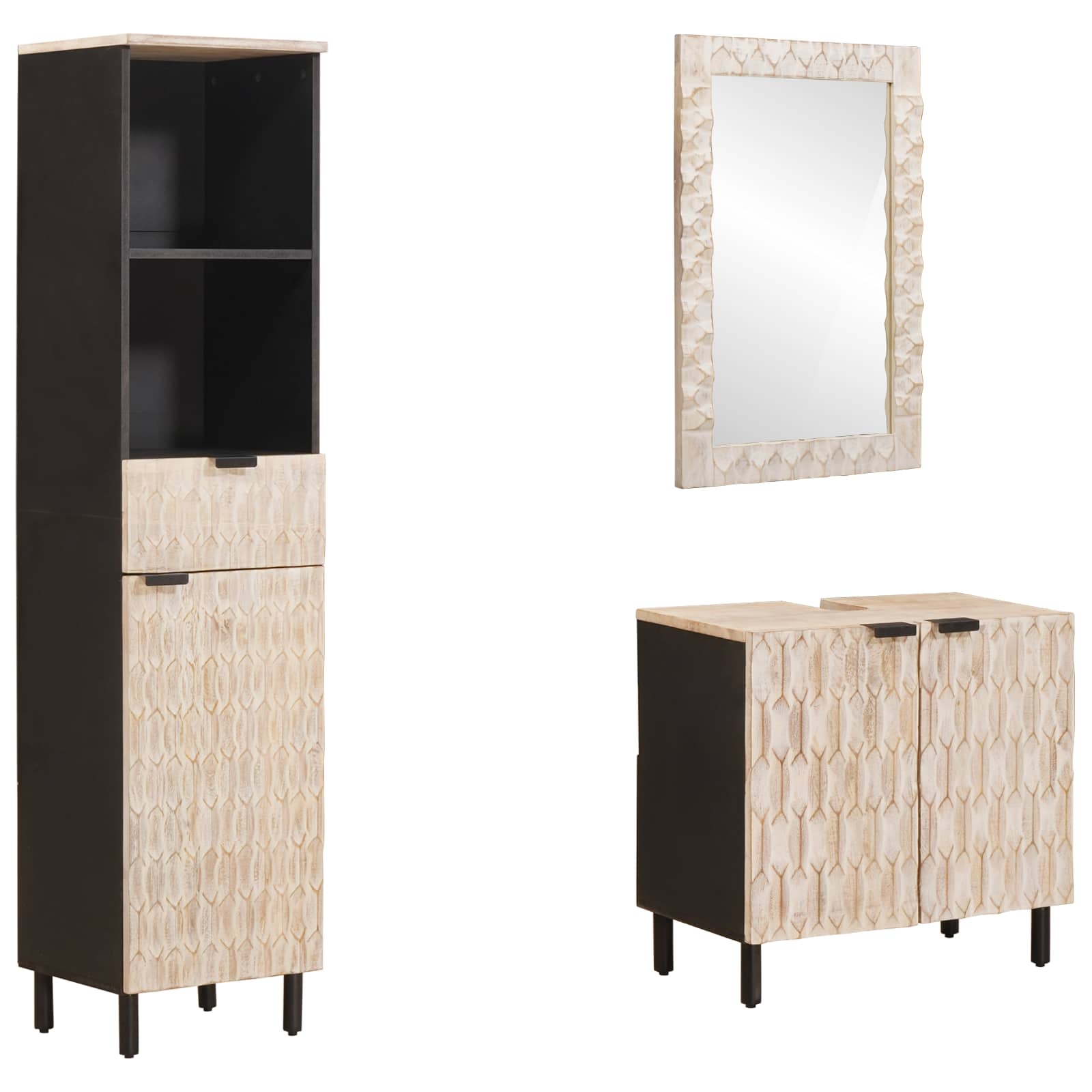 Badrum Set med låda 3 pcs Vit Tvätt Finish Massivt mangoträ