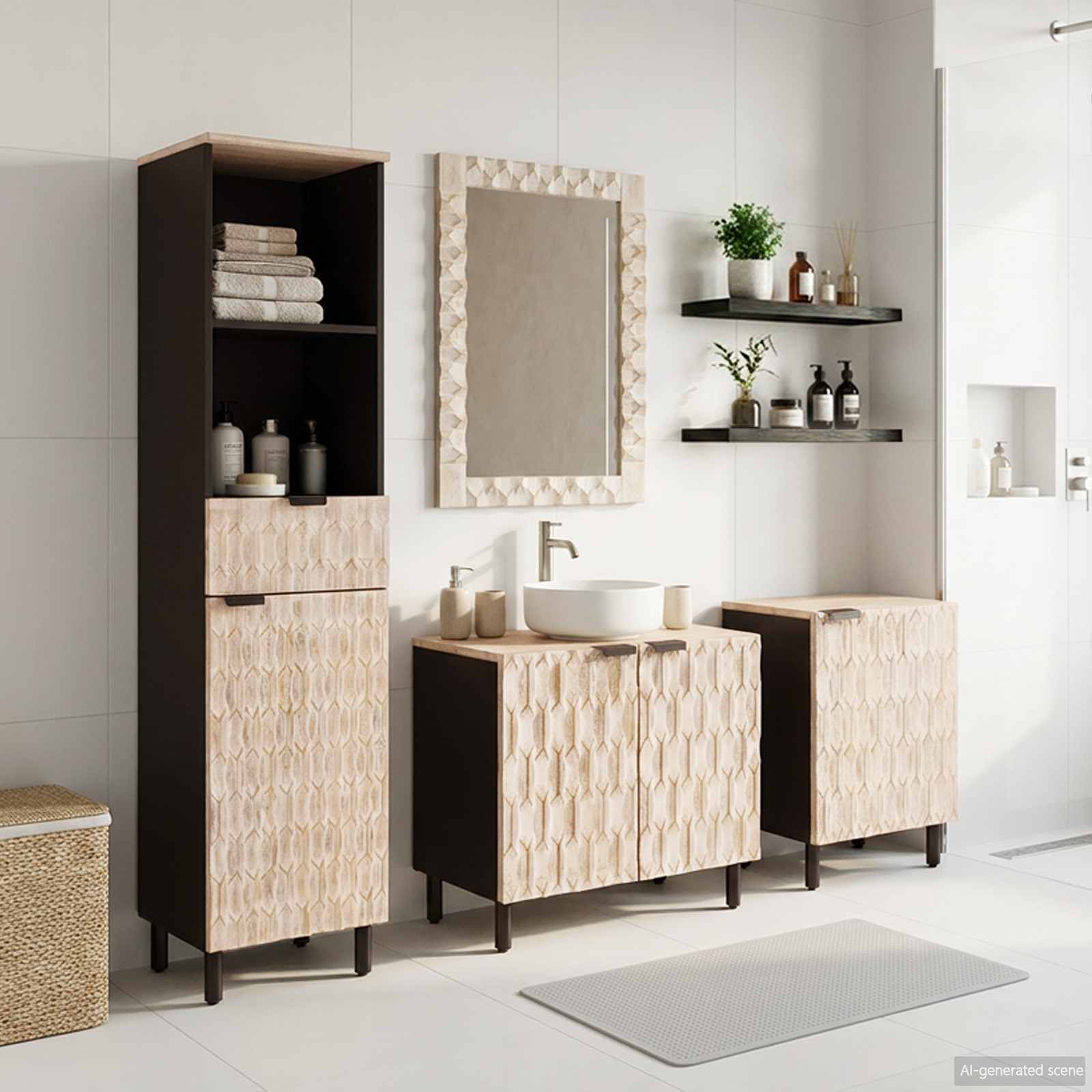 Badrum Set med låda 4 pcs Vit Tvätt Finish Massivt mangoträ