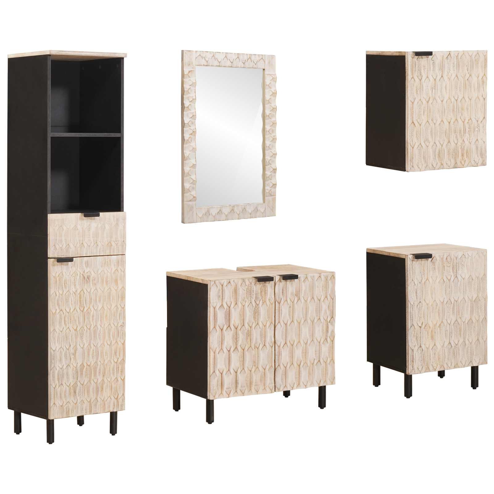 Badrum Set med låda 5 pcs Vit Tvätt Finish Massivt mangoträ