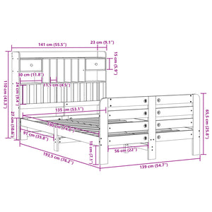 Säng med bokhylla utan madrass vaxbrun 135x190cm massiv furu