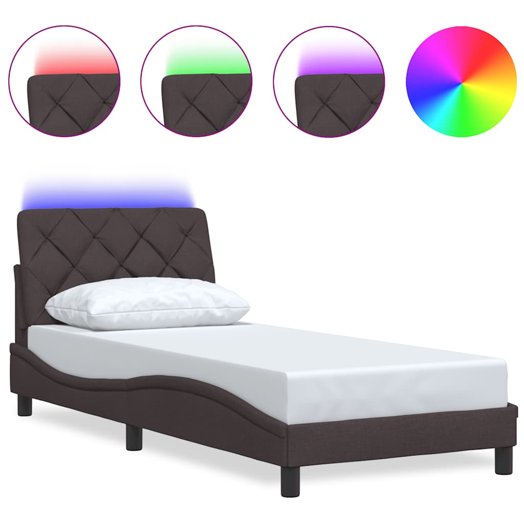 Bed Frame with LED without Mattress Dark Brown 90x190 cm Fabric