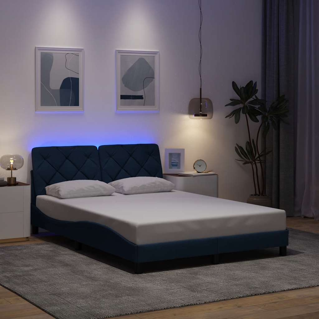 Bed Frame with LED without Mattress Blue 140x190 cm Fabric