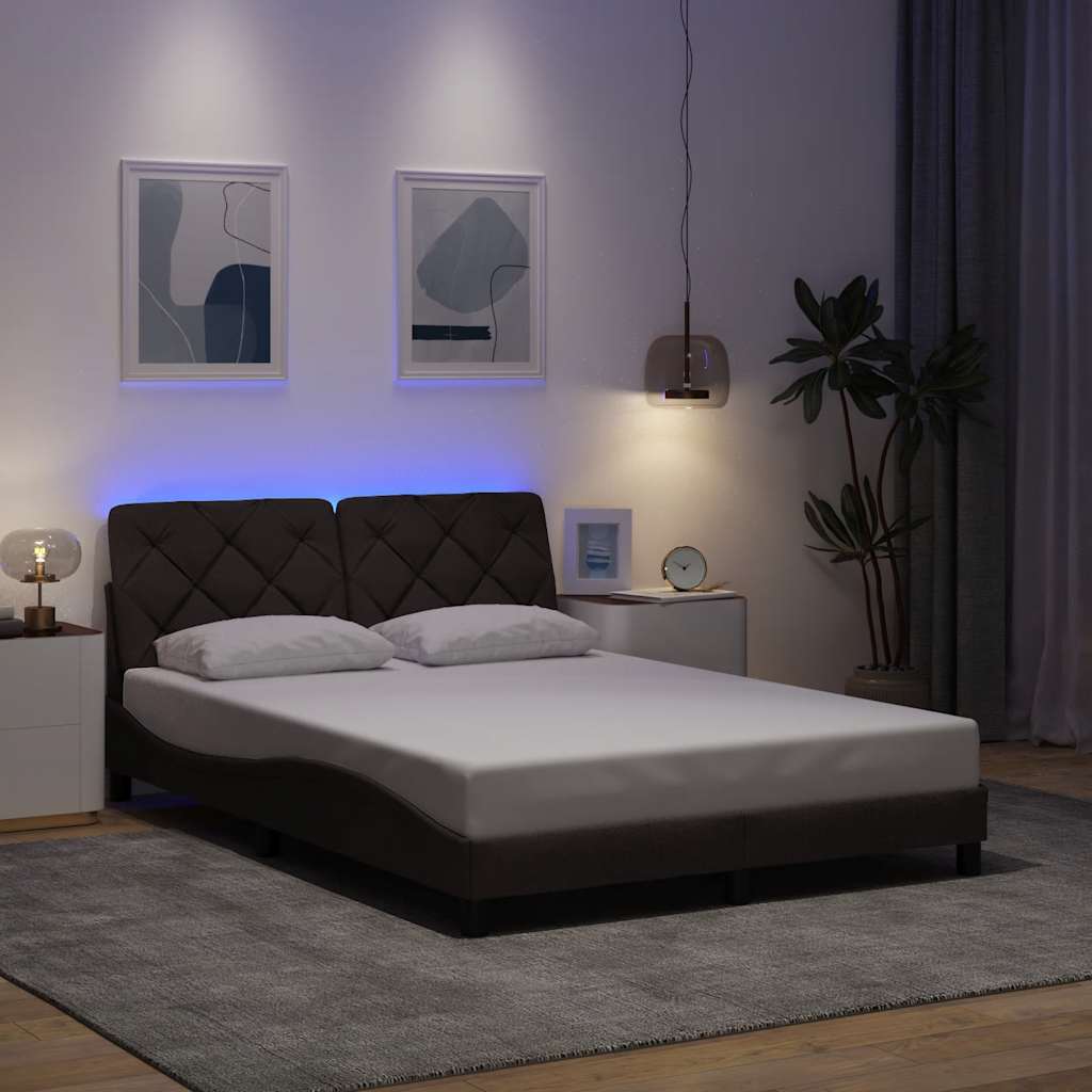 Bed Frame with LED without Mattress Dark Brown 140x200 cm Fabric
