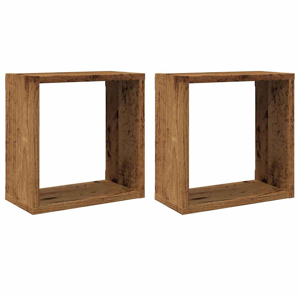 Vägghylla kubformad 2 st åldrat trä 30x15x30 cm konstruerat trä